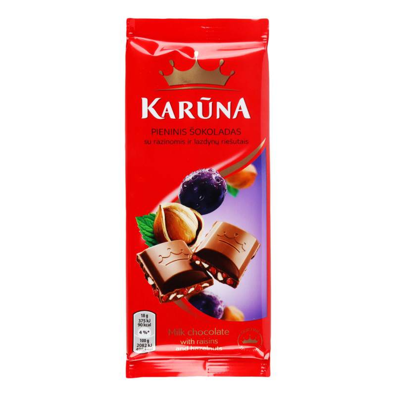 Шоколад Каруна молочний горіх/родзинки 90г